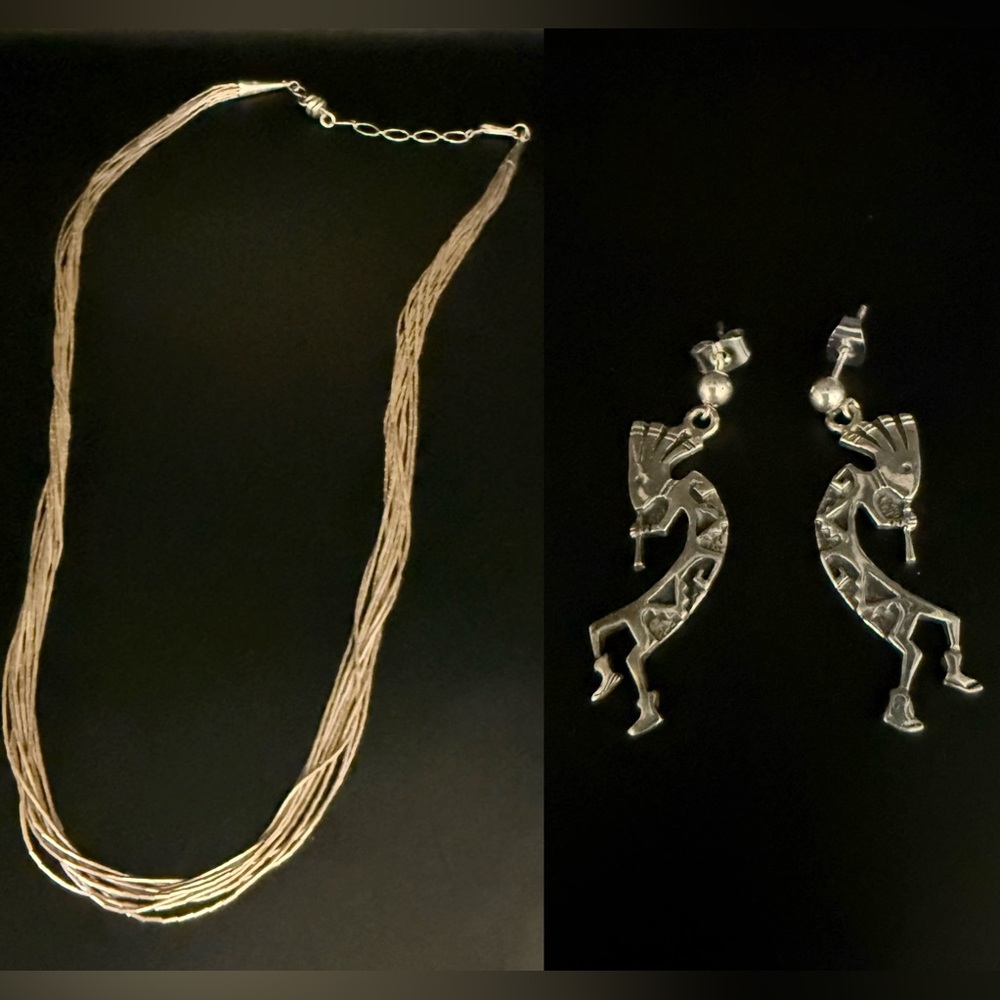 Traditional Navajo Duo of Kokopelli Earrings & Liquid Silver Necklace.Vintage.